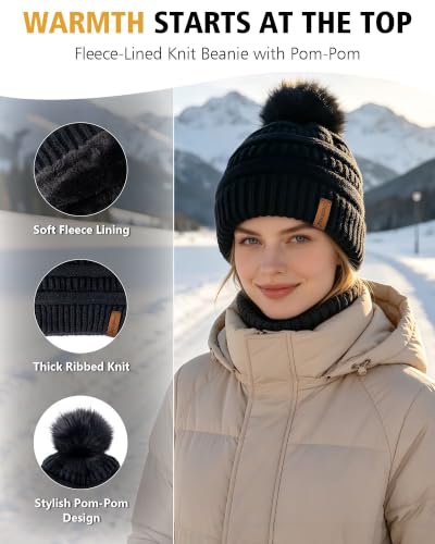 Womens Winter Hat Gloves Scarf Headband Set, Fleece Beanie with Pom Neck Scarf Knit Gloves Ear Warmers, 4-Piece Warm Gift Set - Image 2
