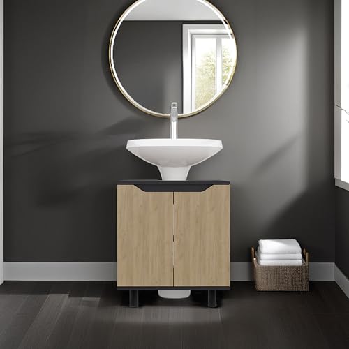 Gabinete de Almacenamiento para Bajo Lavabo en Roble y Negro, Tablero de Partículas, Multicolor miniatura 2