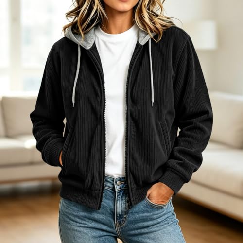 Women Full Zip Hooded Corduroy Jacket Long Sleeve Casual Hoodie Cardigan - image 7