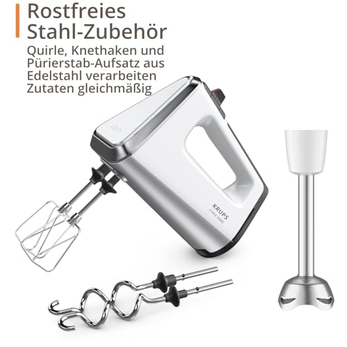 KRUPS Krups 3 Mix 9000 Handmixer, 750 Watt, Geschwindigkeitsregler, Turbomodus, ergonomischer Griff, Handrührgerät inkl. Schneebesen, Knethaken, Pürierstab-Aufsatz, Messbecher, weiß/silber, GN9121 - Detailansicht 8 | Mixer