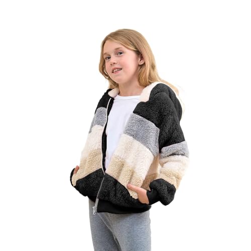 Image of Girls Zip up Hoodie Kids Fuzzy Fleece Jacket with hood Fall Winter Contrast color Pullover Sweatshirt 4-14 Years
