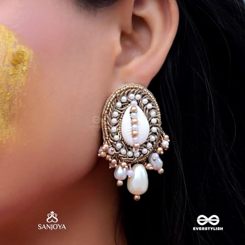 Image of SANJOYA by EVERSTYLISH Embroidered Earrings for Women | Shell, Beads & Pearl Drop Studs | Lightweight Ethnic & Festive Jewelry for Weddings, Parties & Special Occasions