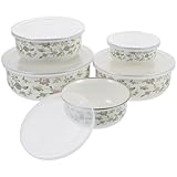 DEARMAMY 5 piezas Cuencos Esmaltados Profundos con Tapa Bol Vintage para Sopa Ensalada y Fideos Bol de Cocina Versátil para Arroz y Postres