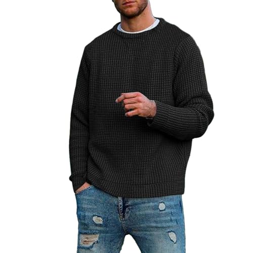 Mens Loose Fit Oversized Crewneck Waffle Knitted Pullover Sweater Long Sleeve Vintage Textured Ribbed Knit Sweaters - Main Image