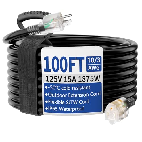 Cismorvex 100ft Outdoor/Indoor Extension Cord with Lighted 10/3 Gauge Ultra 3 Prong Heavy Duty SJTW Waterproof Flexible Cold-Resistant 15A 125V 1875W Black