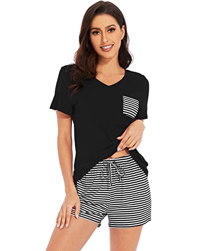 Image of WiWi Womens Pajamas Set Bamboo Viscose Super Soft Short Sleeve Top Ruffle Shorts Sleepwear Cooling Pj Sets S-XXL