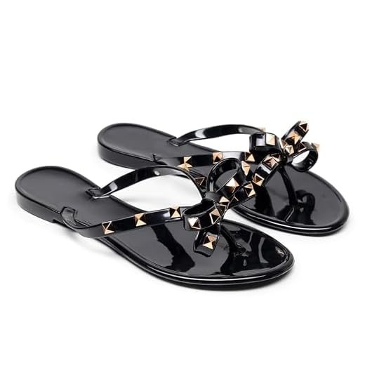 Libbook Sandálias femininas cravejadas rasteiras gelatinosas chinelos de dedo com laço, sem cadarço, rebites de praia de verão, chinelos elegantes, Preto 2, 37