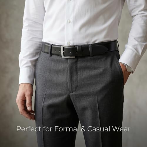 Image of Genuine Leather Belt for Men - Premium Formal & Casual Belt with Metal Buckle - Durable Adjustable Waist Belt for Jeans, Trousers & Office Wear