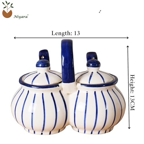 Image of Niyara Multipurpose Storage Ceramic Pickle set Jars & with Lid & tray (Set of 2, 300 ML) (Blue line design)