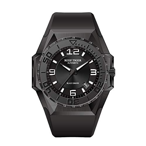 Reef Tiger/RT Top Militare Watches Blue Dial All Black Steel Automatic Mens Dive Watches RGA6903 (Black)