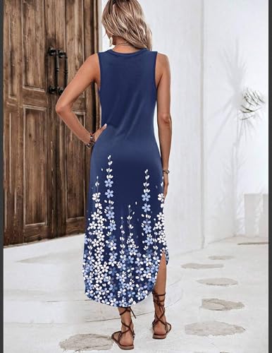 Image of Zeagoo Women Floral Summer Casual Beach Printed Tank Dress with Pockets Pleated Front Long Dress