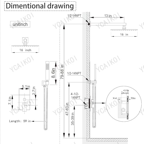 Image of Shower Faucet Set 16 Inch Wall Mount Rain Shower System, All Metal Shower Fixtures - Matte Black