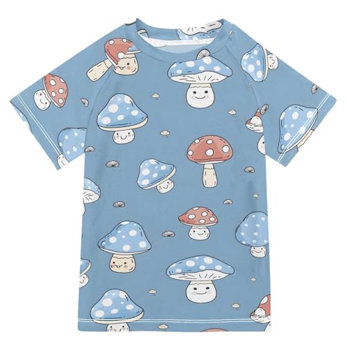 ALAZA Boys Rash Guard Swimming Shirt for Boys Short Sleeve Mushrooms Cartoon Blue UPF 50+ 5-6T