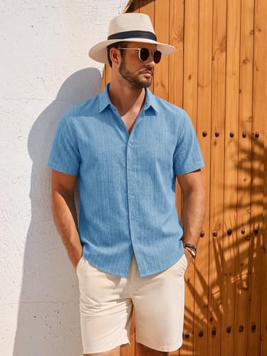 Runcati Mens Linen Button Down Shirts Short Sleeve Textured Casual Shirt Summer Beach Vacation Wedding Tops - Image 3