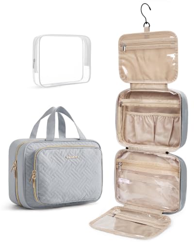 Image of BAGSMART Toiletry Bag Hanging Travel Makeup Organizer with TSA Approved Transparent Cosmetic Bag Makeup Bag for Full Sized Toiletries, Medium-Grey