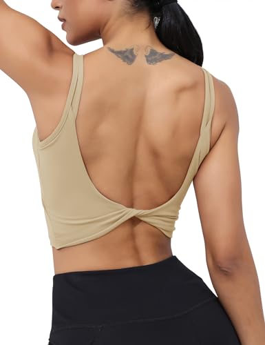 Image of LUYAA Womens Workout Sports Bras Backless Padded Yoga Tank Tops Crop Twist Low Back Cami Bra for Gym