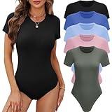 BALENNZ 5 Pack Bodysuits for Women Short Sleeve Round Neck Bodysuit Tops Crew Neck Basic Casual Tshirt Bodysuits Meduim