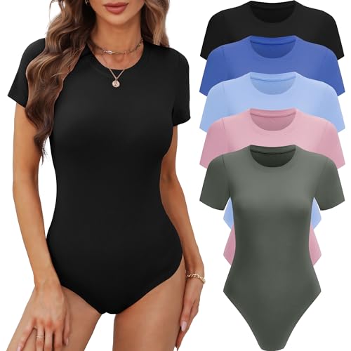 Body manche courte col rond BALENNZ lot de 5 couleur noir rose bleu XL pour femme