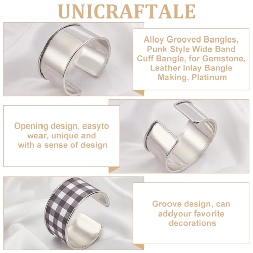 UNICRAFTALE 2pcs Platinum Grooved Bangles Punk Style Wide Band Open Cuff Bangle Adjustable Alloy Wrist Cuff Wrap Bracelet for Gemstone Leather Inlay Bangle Making 34.5mm Wide4