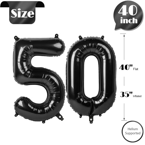 Image of Black Number 50 Balloon 40 Inch, 50th Birthday Party Decorations, Giant 50 Foil Balloon for Party Supplies