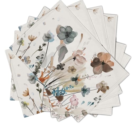 Image of Brown Cream Grey Teal Floral Placemats Set of 6 Watercolor Flowers Place Mats Washable Dining Rustic Abstract Floral Farmhouse Linen Table Mats Stain Heat-Resistant Cloth Table Mat Decor 12x18 in