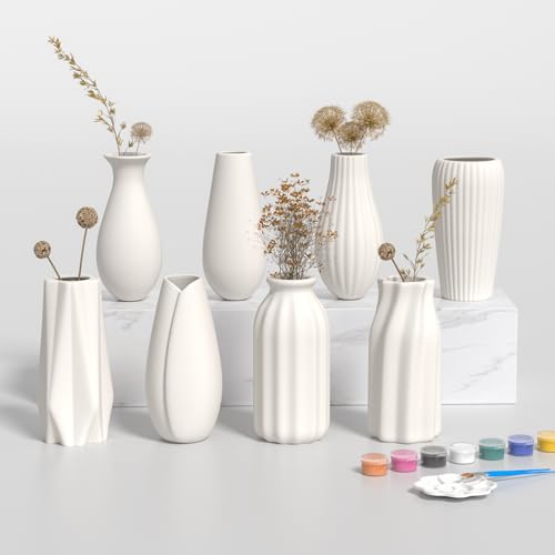OERGKE White Ceramic Vase Set of 8, Small vases for Flowers with Painting Kit, Modern Boho Vases for...