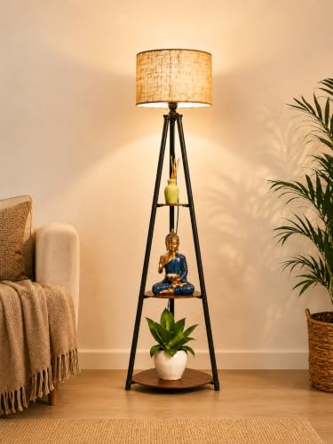 Crosscut Furniture LED Tripod Floor Lamp with 3 Shelves, Brown Jute, Metal Corner Floor Lamp, for Decoration and Gifting,B22 Bulb