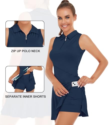 Misyula Tennis Dresses for Women,Athletic Dress with Shorts 2Pockets Zip Up Polo Sleeveless Golf Workout Dress(XS-XL)3