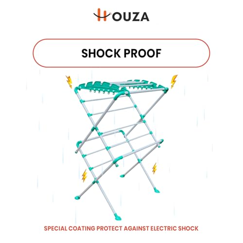 Image of HOUZA Alloy Steel Extra Large Cloth Drying Stand | Foldable Cloth Dryer Stand | Additional Hanger Slots to Hang Shirts on a Hanger| (White, Green)