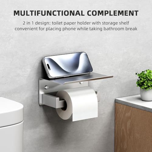Image of Angle Simple Toilet Paper Holder with Storage Shelf, Brushed Nickel | SUS304 Stainless Steel Bathroom Tissue Roll Holder, Fit Most Rolls, Top Shelf for Placing Phone Wet Wipes, Screw Wall Mount