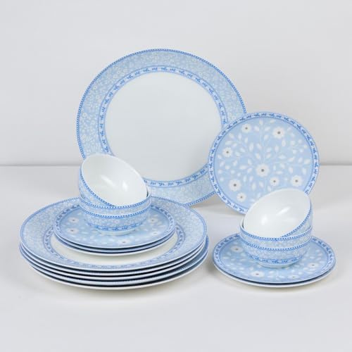 Image of GOLDEN QUEEN'S 18 Piece Dinner Set - Serving 6 | Perfect for Hosting and Daily Meals | Microwave Safe | Includes 6 Dinner Plates, 6 Small Bowls & 6 Side Plates (Blue & White Florals)