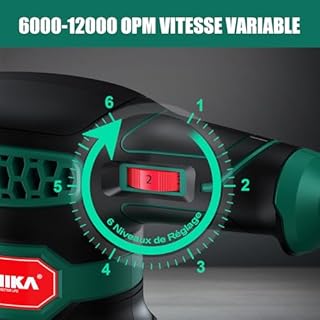 HYCHIKA Ponceuse Excentrique, 300W 12000 OPM Ponceuse Orbitale, 6 Vitesses, 16 Pièces Disque Abrasif 125mm, Dispositif de Dépoussiérage et Fonction de Freinage Rapide, Pour Poncer et Polir le Bois