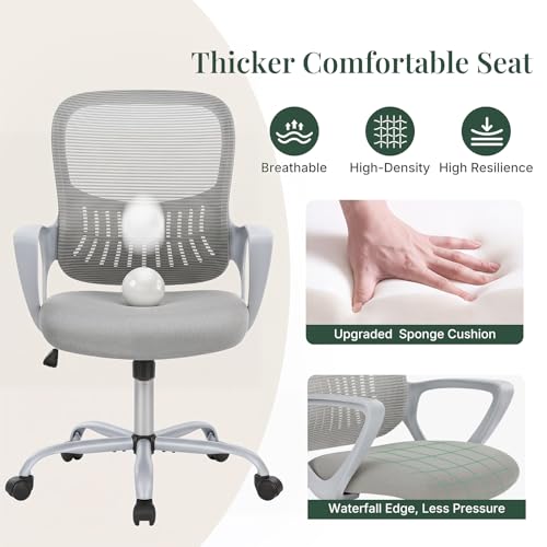 Image of Home Office Desk Chair, Ergonomic Mid-Back Mesh Computer Task Chair with Comfortable Lumbar Support, Height Adjustable Swivel with Fixed Armrest for Adults, Student, Grey