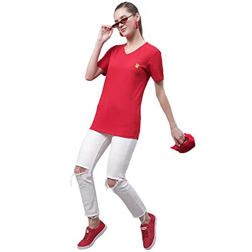 Image of Mack Jonney Women V Neck Cotton Solid Regular Fit T-Shirt-V Anthraa 001-P