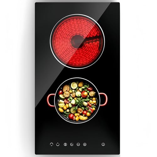 Pladeca Cocina eléctrica de 12 pulgadas, estufa de 2 quemadores con control táctil de sensor, parte superior de vidrio integrada con bloqueo de seguridad infantil y temporizador, 3000 W, cableado para