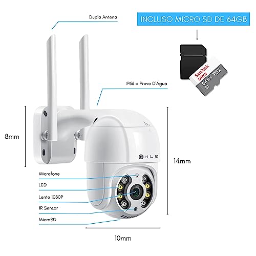 Câmera de Segurança Externa Ip WiFi Com Cartão de Memória 64gb, Prova D'água, IP66, A8, Infravermel