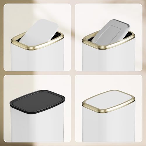 KHMMGK 8L/2.1 Gallon Small Bathroom Trash Can with Lid, Swing-Top Rectangular Waste Bin, Stainless Steel Garbage Can for Home, Office, Toilet, Bedroom, Living-Room (White)