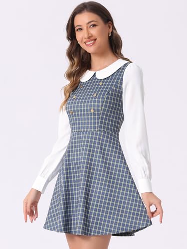 Image of Allegra K Women's Peter Pan Collar Contrast Color Button Decor A-Line Preppy Plaid Mini Dress
