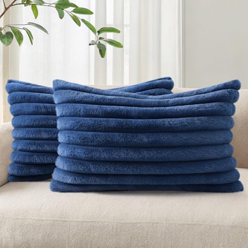 Image of Pallene Faux Fur Plush Lumbar Throw Pillow Covers 12x20 Set of 2, Luxury Soft Fluffy Striped Decorative Pillow Covers for Sofa, Couch, Living Room, Navy Blue