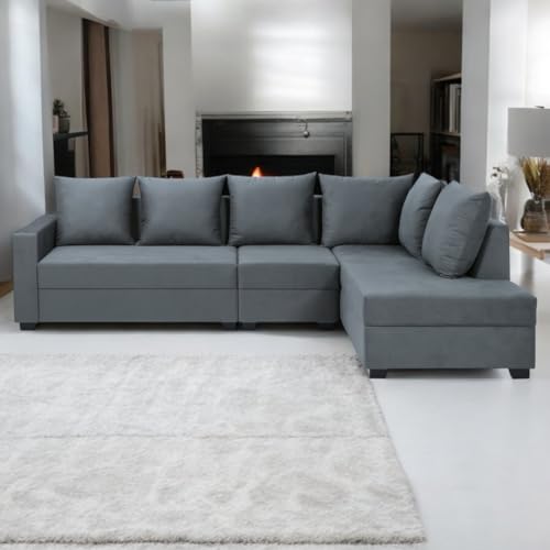 Image of FURNY Gloria 6 Seater Fabric RHS L Shape Sofa Set (Dark Grey) Premium Velvet Finish | Durable Comfort | Ideal for Living Room