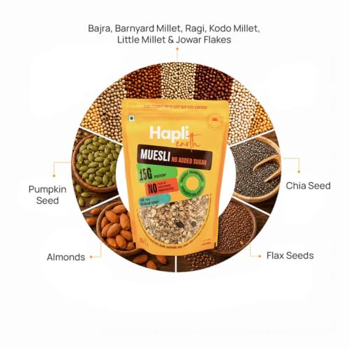 Image of Hapli Earth 6 Millet Muesli No Added Sugar | 15g Protein, High Fibre | Healthy Breakfast Cereal with Rolled Oats, Almonds, Black Raisins & 4 Seeds | No Palm Oil, No Preservatives | 400g