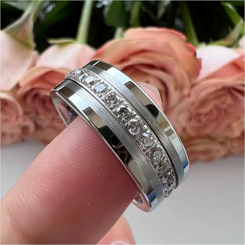 8mm Black Tungsten Carbide Ring for Men Women CZ Stone Eternity Engagement Wedding Band Pipe Cut Polished Shiny4
