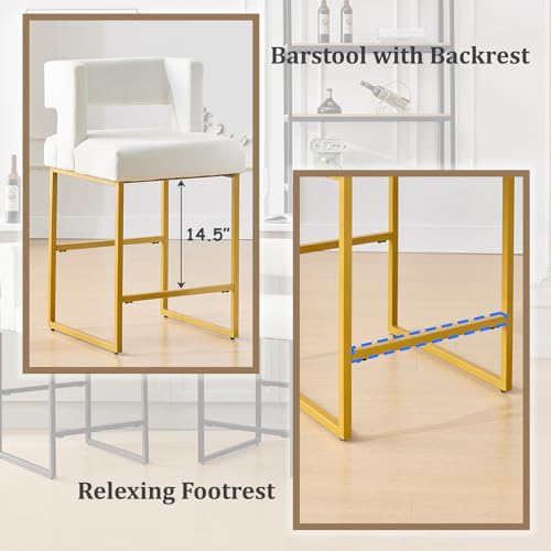 Image of Counter Height Bar Stools Set of 4, White Velvet Bar Chair Gold Leg | 26 inch Seat Height Fits Standard Kitchen Islands, Upholstered Barstools, Back Support, Square Metal Legs, Footrest