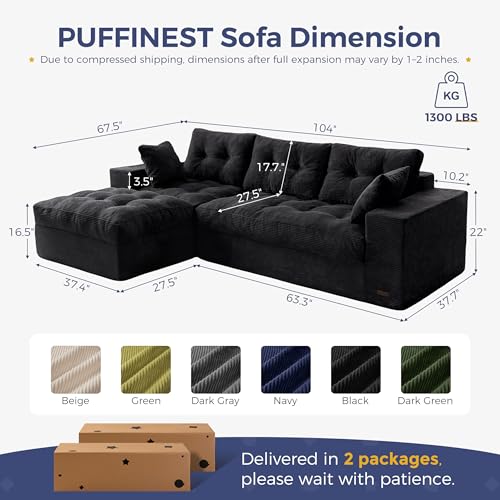 Image of MAXYOYO 104 inch L Shaped Modular Sectional Sofa with Ottoman, Cloud Boneless Couch with Layered Cushion, Upholstered Sofa Flexible Module Combination for Living Room, No Assembly, Black