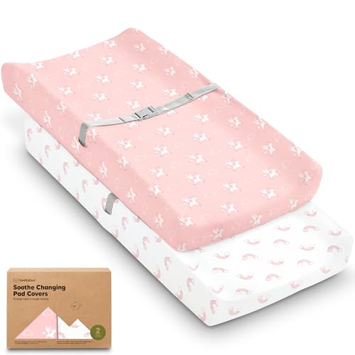 Image of 2-Pack Organic Changing Pad Covers for Girl, Boy, Neutral - 100% Cotton Changing Table Pad Cover, Soft Baby Nursery Diaper Changing Pad Sheets,Contour Changing Pads Liners,Change Pad Cover (Dreamland)