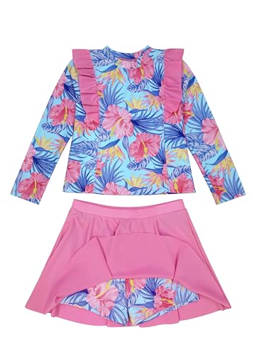 Image of Girls Rash Guard Swimsuit Set Long Sleeve 2 Pieces Bathing Suit Swimming Skirt with Shorts 4-13Y