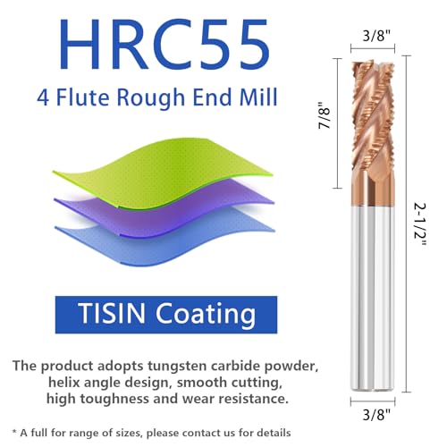 Image of 3 /8 inch Tungsten Carbide Roughing End Mill 4 Flute Square Endmill CNC Milling Bits for Alloy Steels /Hardened Steels - TISIN Coated
