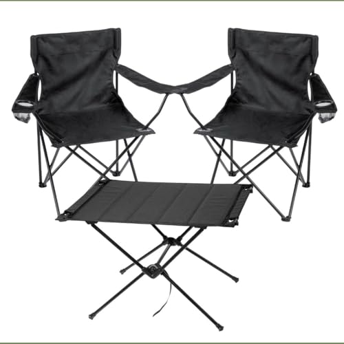 Pack de 2 Sillas y Mesa de Camping Plegables | Sillas Plegables con Porta Bebidas y Mesa Compacta | con Bolsa de Transporte | Set de Mobiliario de Exterior