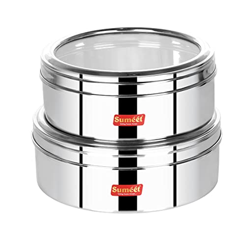 Image of Sumeet Stainless Steel Flat Canisters /Puri Dabba /Storage Containers With See Through Lid Set Of 2Pcs (1Ltr, 1.5Ltr), Beige