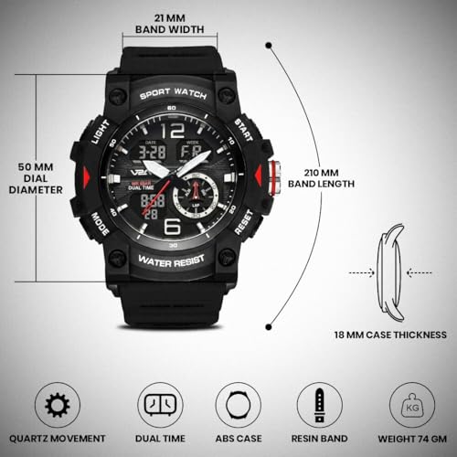 Image of V2A Stryke 50mm Analog Digital Watch for Men | Rugged Guard Bezel Design | Alarm Stopwatch Backlight | TPU Sport Strap | 50M Water Resistant Outdoor Watch | Gift for Mens